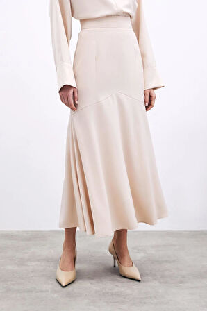 Sateen Kesik Detaylı Saten Uzun Etek 1743-4002