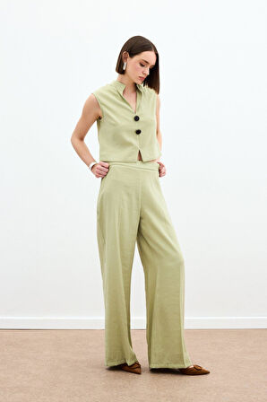 Sateen Kadın Ütü Çizgili Keten Pantolon 1803-5047