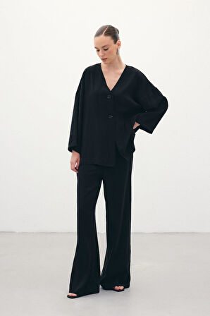 Sateen Kadın Düğmeli Kimono Kısa Kollu Bluz 1847-6040