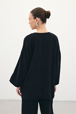 Sateen Kadın Düğmeli Kimono Kısa Kollu Bluz 1847-6040