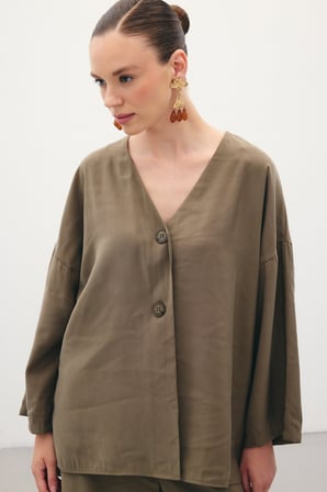 Düğmeli Kimono - Haki