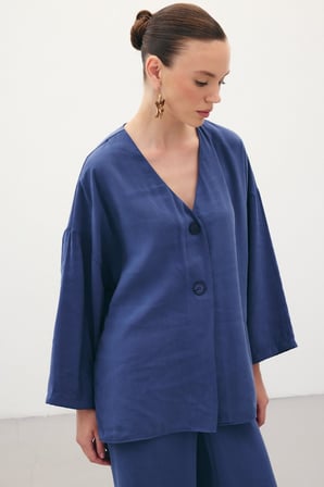 Düğmeli Kimono - İndigo