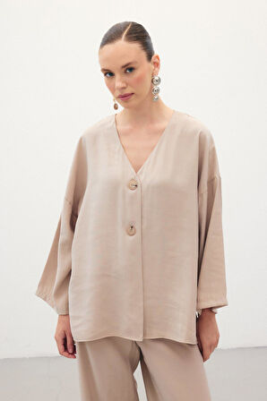 Sateen Kadın Düğmeli Kimono Kısa Kollu Bluz 1847-6040