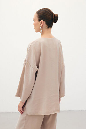 Sateen Kadın Düğmeli Kimono Kısa Kollu Bluz 1847-6040