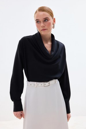 Sateen Kadın Degaje Yaka Uzun Kollu Bluz 1904-1596