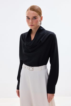 Sateen Kadın Degaje Yaka Uzun Kollu Bluz 1904-1596