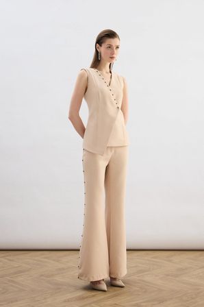 Sateen Kadın İnci Detaylı İspanyol Paça Pantolon 1926-5545