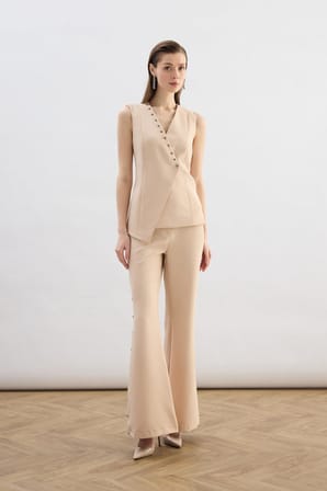 Sateen Kadın İnci Detaylı İspanyol Paça Pantolon 1926-5545