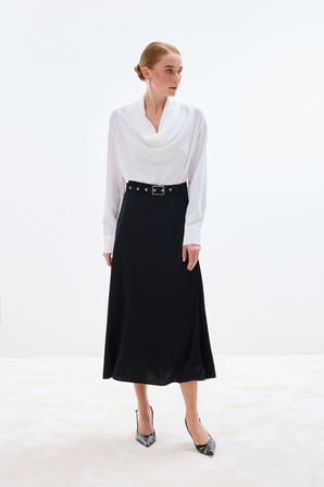 Sateen Kadın Kemer Detaylı Saten Kloş Etek 1941-4095