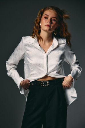 Sateen Kadın Zebra Desen Jakarlı Gömlek 1958-2592