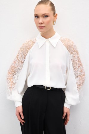 Sateen Kadın Kolları Dantel Detaylı Gömlek 2139-2181