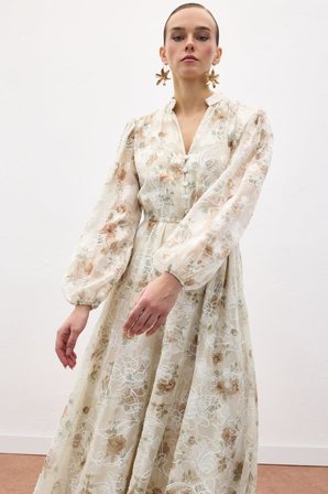 Sateen Kadın Nakışlı Desenli Uzun Elbise 2143-3090