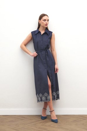 Sateen Kadın Nakış Detaylı Uzun Elbise 2160-3091