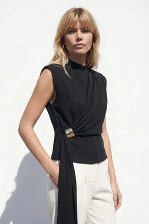 Sateen Kadın Kuşak Detaylı Aksesuarlı Bluz 2214-1310
