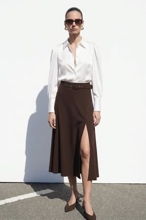 Sateen Kadın Kemerli Yırtmaç Detaylı Kloş Etek 2217-4119