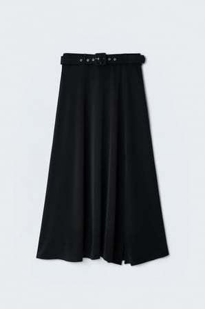Sateen Kadın Kemerli Yırtmaç Detaylı Kloş Etek 2217-4119