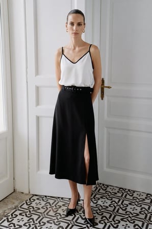 Sateen Kadın Kemerli Yırtmaç Detaylı Kloş Etek 2217-4119