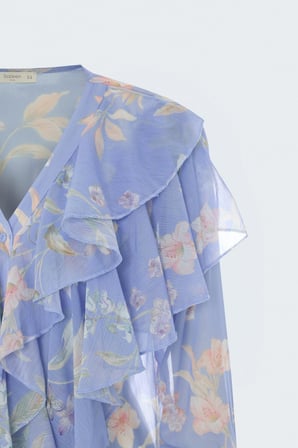 Sateen Kadın Fırfır Detaylı Desenli Gömlek 2273-2242