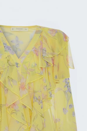 Sateen Kadın Fırfır Detaylı Desenli Gömlek 2273-2242