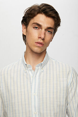 Ds Damat Slim Fit Açık Mavi Çizgili Düğmeli Yaka %100 Pamuk Flamlı Yazlık Keten Görünümlü Gömlek 0HC02ORT06265 0HC02ORT06265