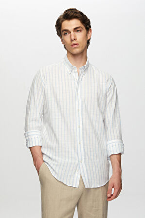 Ds Damat Slim Fit Açık Mavi Çizgili Düğmeli Yaka %100 Pamuk Flamlı Yazlık Keten Görünümlü Gömlek 0HC02ORT06265 0HC02ORT06265