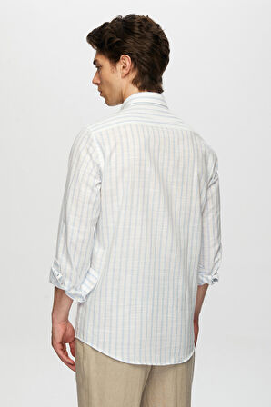 Ds Damat Slim Fit Açık Mavi Çizgili Düğmeli Yaka %100 Pamuk Flamlı Yazlık Keten Görünümlü Gömlek 0HC02ORT06265 0HC02ORT06265