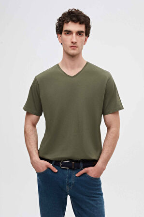 Ds Damat Slim Fit Haki V Yaka %100 Pamuk T-Shirt 4HC141996755M