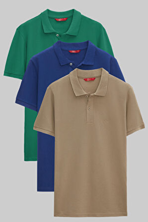 D'S Damat Regular Fit Yeşil/Saks Mavi/Vizon Pike Dokulu %100 Pamuk Polo Yaka T-Shirt 6HC14ORTBN510