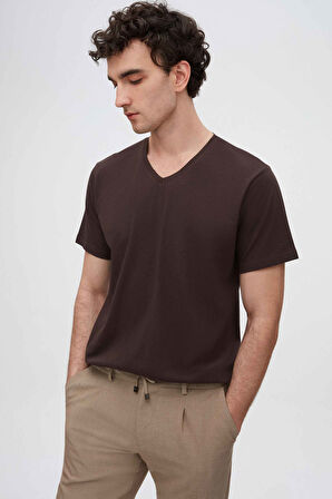 Ds Damat Kahverengi V Yaka %100 Pamuk T-Shirt