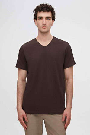 Ds Damat Kahverengi V Yaka %100 Pamuk T-Shirt
