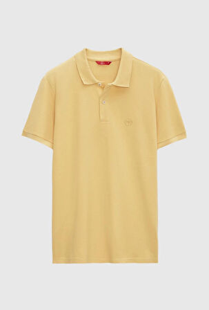 Regular Fit Açık Sarı Pike Dokulu %100 Pamuk Kıvrılmaz Polo Yaka Nakışlı T-Shirt 4HC14ORT51000