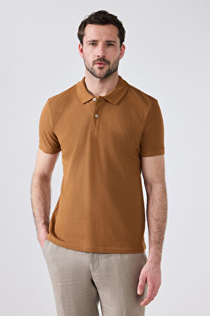 D'S Damat Regular Fit Tütün Pike Dokulu %100 Pamuk Kıvrılmaz Polo Yaka Nakışlı T-Shirt 4HC14ORT51000