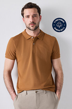 D'S Damat Regular Fit Tütün Pike Dokulu %100 Pamuk Kıvrılmaz Polo Yaka Nakışlı T-Shirt 4HC14ORT51000