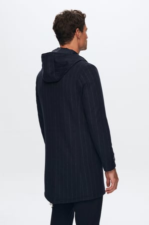 Ds Damat Regular Fit Lacivert Çizgili Yünlü Kapüşonlu Kaşe Kaban