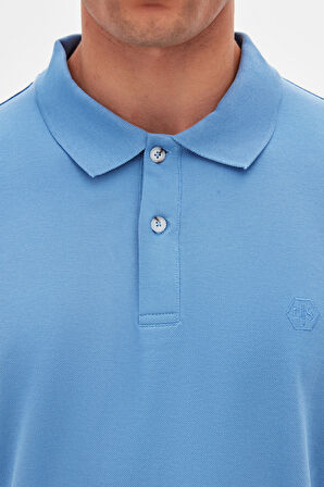 Ds Damat Regular Fit Açık İndigo %100 Pamuklu Uzun Ömürlü Kıvrılmaz Polo Yaka Nakışlı T-Shirt