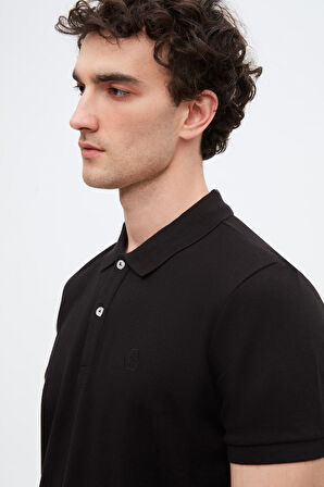 Ds Damat Regular Fit Siyah %100 Pamuklu Uzun Ömürlü Kıvrılmaz Polo Yaka Nakışlı T-Shirt