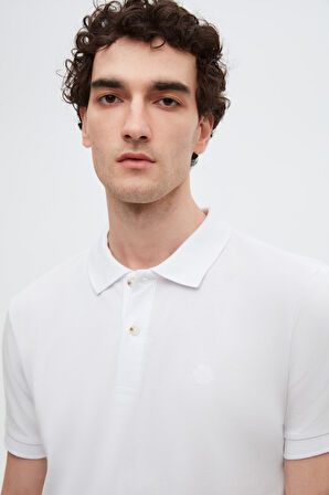 Ds Damat Regular Fit Beyaz %100 Pamuklu Uzun Ömürlü Kıvrılmaz Polo Yaka Nakışlı T-Shirt