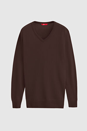 Ds Damat Regular Fit Kahverengi Düz V Yaka Triko Kazak