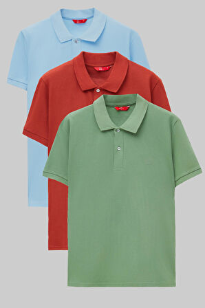 Ds Damat Regular Fit Açık Mavi/Kiremit/Açık Yeşil Pike Dokulu %100 Pamuk Polo Yaka T-Shirt