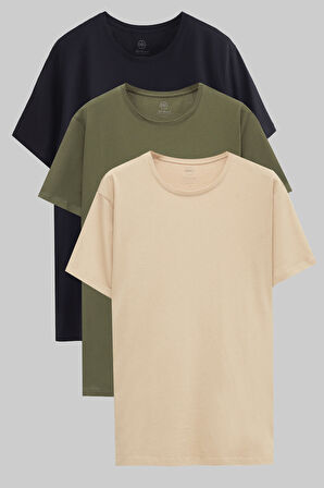 Ds Damat Slim Fit Lacivert/Haki/Bej 3'Lü T-Shirt