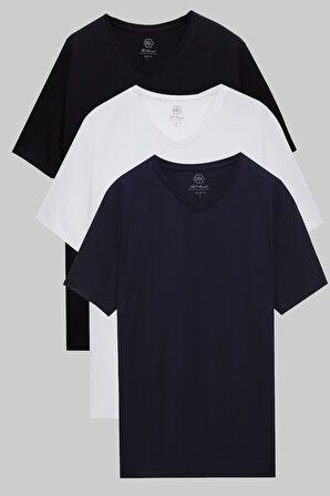 Ds Damat Slim Fit Siyah/Beyaz/Lacivert 3'Lü Set V Yaka T-Shirt