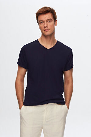Ds Damat Slim Fit Siyah/Beyaz/Lacivert 3'Lü Set V Yaka T-Shirt