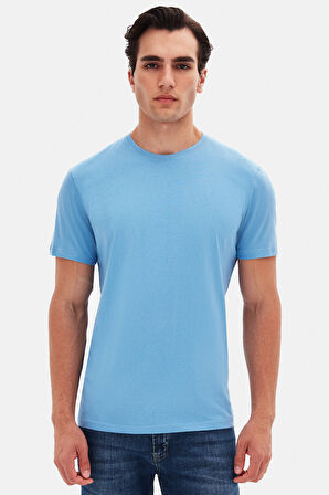 Ds Damat Slim Fit Açık İndigo Bisiklet Yaka %100 Pamuklu Nefes Alabilen T-Shirt