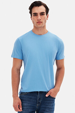 Ds Damat Slim Fit Açık İndigo Bisiklet Yaka %100 Pamuklu Nefes Alabilen T-Shirt