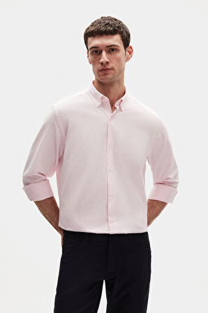 Ds Damat Comfort Pembe Düğmeli Yaka Rahat Kesim Keten Görünümlü %100 Pamuk Gömlek 2HC02ORT64265
