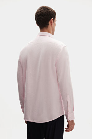 Ds Damat Comfort Pembe Düğmeli Yaka Rahat Kesim Keten Görünümlü %100 Pamuk Gömlek 2HC02ORT64265
