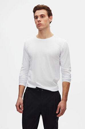 Ds Damat Slim Fit Beyaz Bisiklet Yaka %100 Pamuk Nefes Alabilen Uzun Kollu Body Tişört