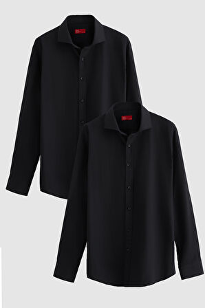 D'S Damat Ds Damat Slim Fit Siyah Italyan Yaka Dar Kesim Klasik Kravatlık  Uzun Kollu Kolay Ütülenebilir Nefes Alan 2'li Gömlek 2HF02ORTBN85