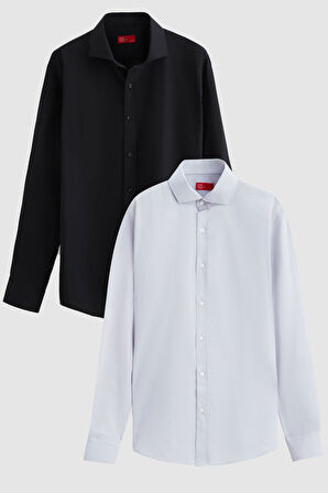 Ds Damat Slim Fit Siyah/Gri İtalyan Yaka Kolay Ütülenebilir 2'Li Gömlek