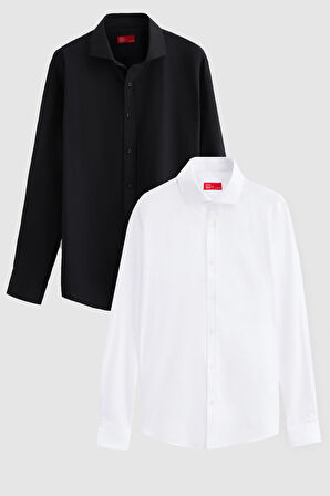 Ds Damat Slim Fit Siyah/Beyaz İtalyan Yaka Kolay Ütülenebilir 2'Li Gömlek